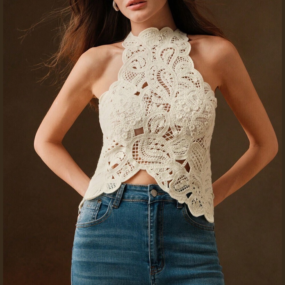 Cream Crochet Lace Halter Crop Top - Picture 5 of 6